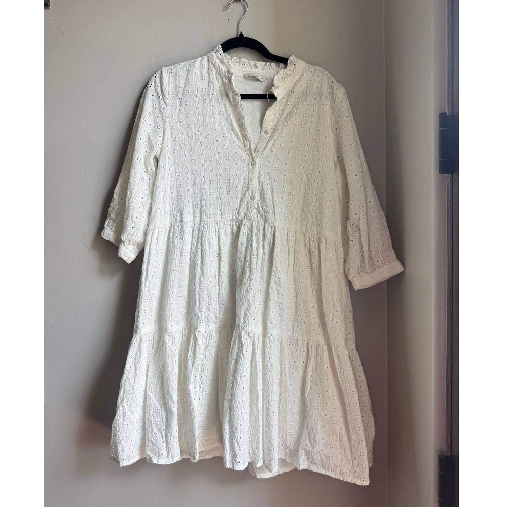 ONLY Pigalle White Eyelet 3/4 Sleeve Tiered Mini Dress M Cottagecore Cotton Boho